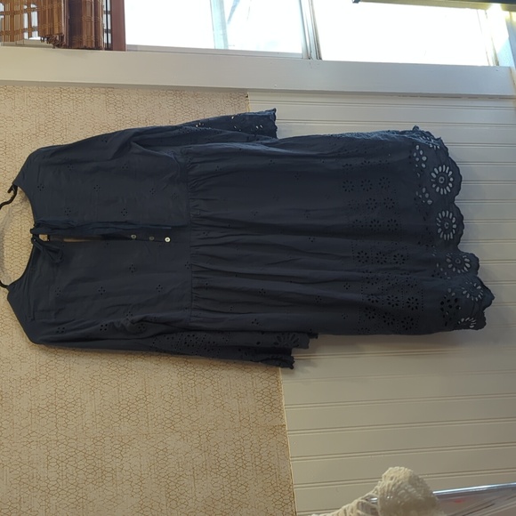 Suzanne Betro Navy Eyelet Empire Waist Dress, Bell Sleeves, Cotton, Navy, Medium - Picture 6 of 8